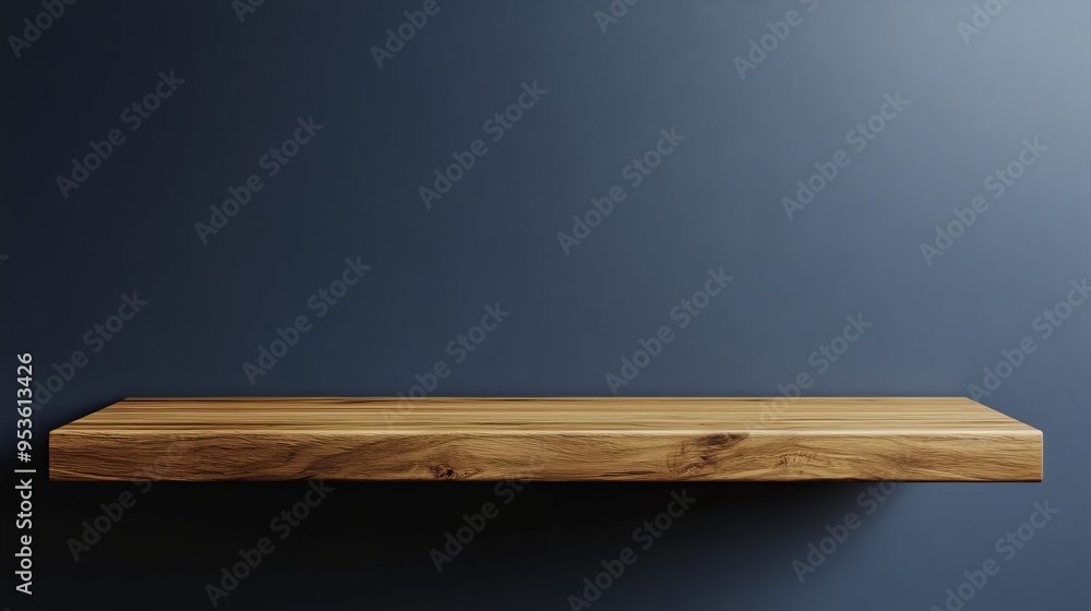 A wooden shelf with a blue wall behind it A wooden shelf with a blue wall behind it