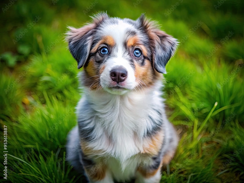 Adorable blue merle mini Australian Shepherd puppy sits on a green meadow, looking up with big brown eyes, showcasing its unique coat patterns and curious nature. Adorable blue merle mini Australian Shepherd puppy sits on a green meadow, looking up with big brown eyes, showcasing its unique coat patterns and curious nature.