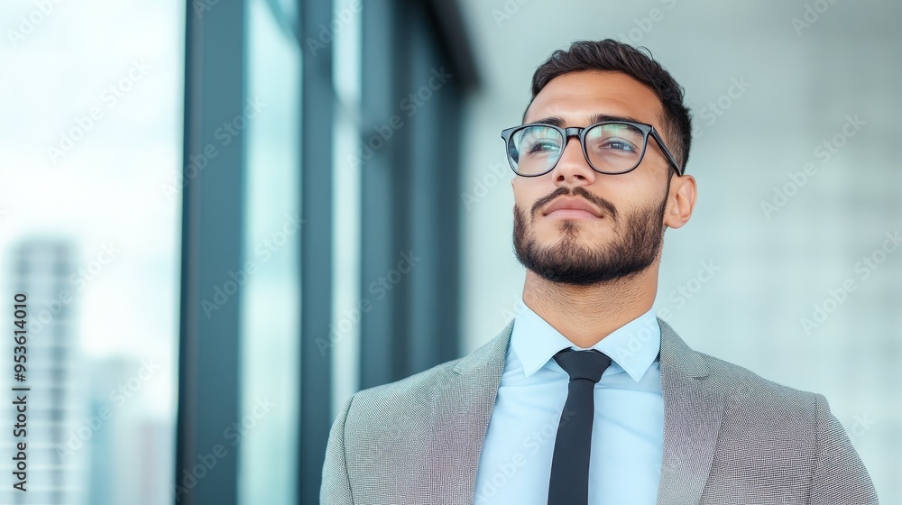 A Visionary Gaze: A man in a suit and glasses looks towards the future with confidence and determination. A Visionary Gaze: A man in a suit and glasses looks towards the future with confidence and determination.