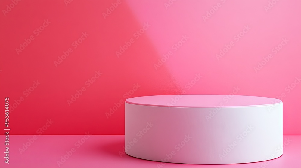 A white pedestal is placed in front of a pink wall A white pedestal is placed in front of a pink wall