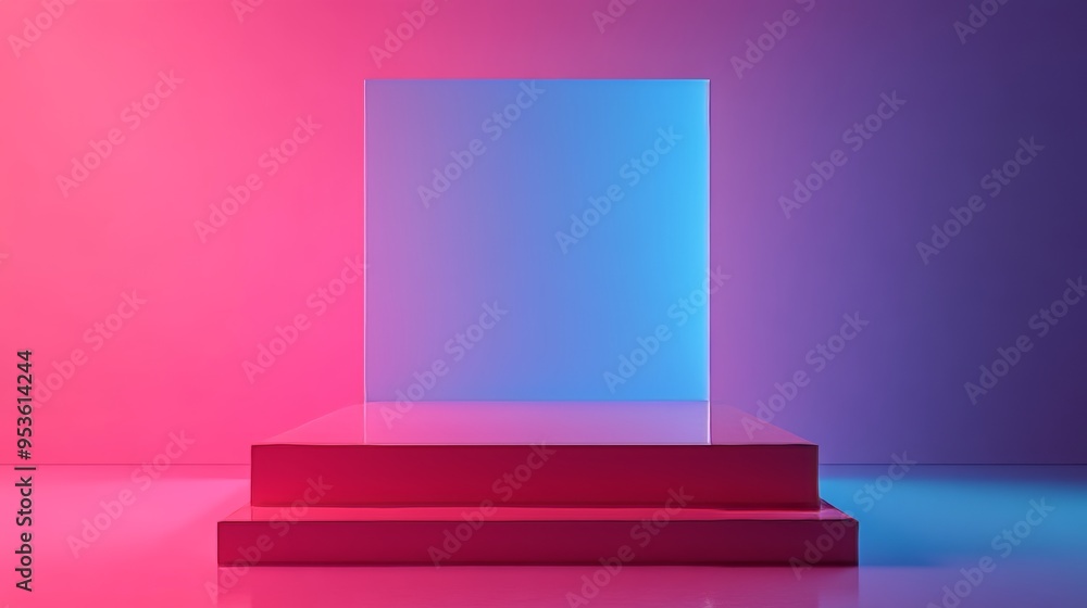 A square is on a platform with a blue background A square is on a platform with a blue background