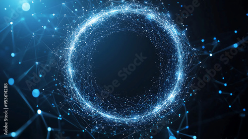 Abstract futuristic background with a glowing blue circular ring of light and connecting dots on a dark black backdrop, representing a data transfer concept