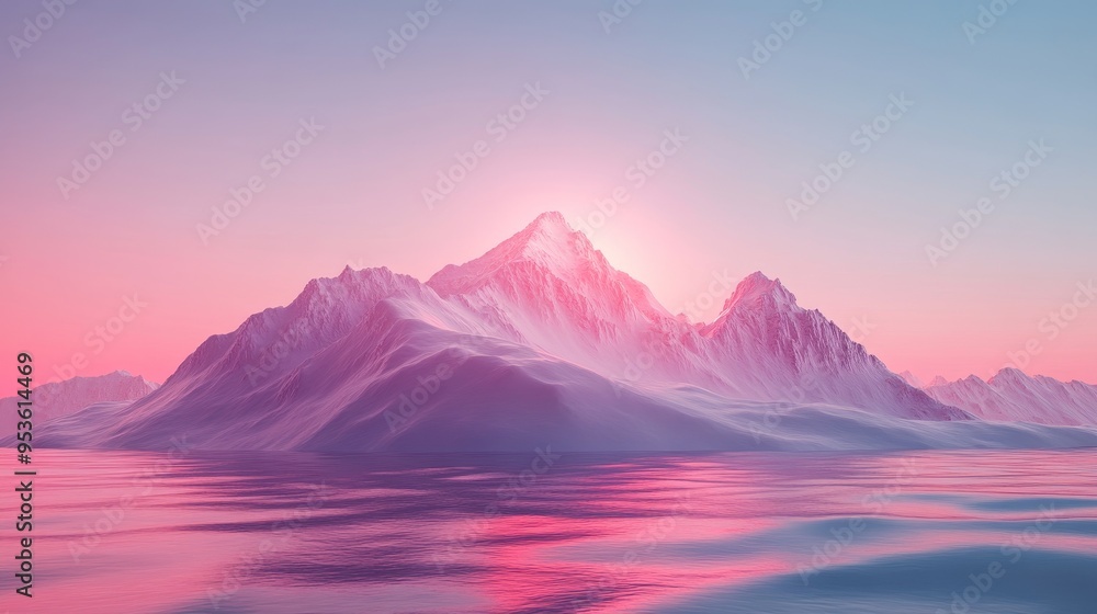 A mountain range is reflected in the water, with a pink A mountain range is reflected in the water, with a pink