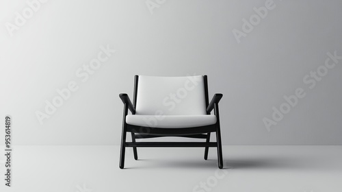 A black and white chair with a white cushion sits in front of a white wall