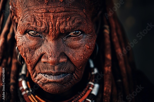 Close-up Portrait of an Elderly Himba Woman with Ochre-Covered Face and Intense Gaze in Traditional Jewelry