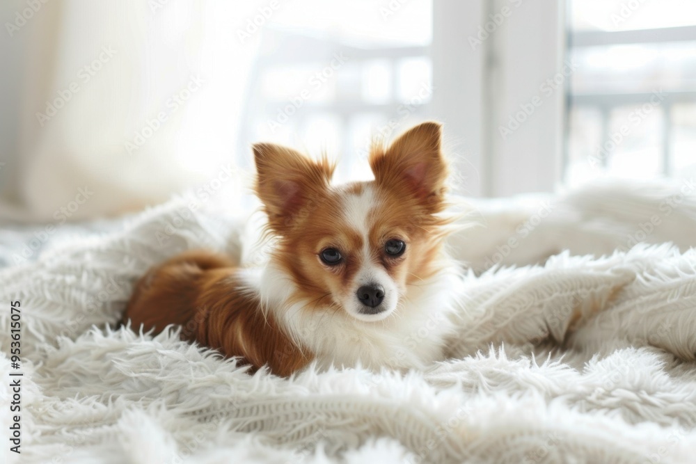 Photo, cute little dog relaxing in living room on white sofa, modern decor, casual atmosphere, warm daylight Photo, cute little dog relaxing in living room on white sofa, modern decor, casual atmosphere, warm daylight