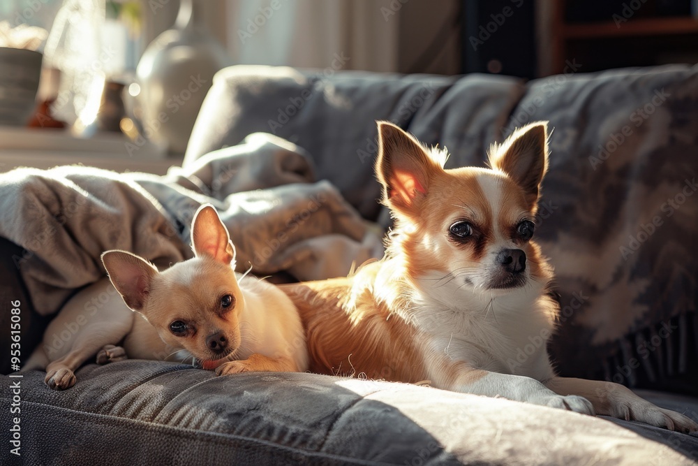 Photo, cute small dogs relaxing in a living room, contemporary decor, relaxed atmosphere, warm afternoon light Photo, cute small dogs relaxing in a living room, contemporary decor, relaxed atmosphere, warm afternoon light