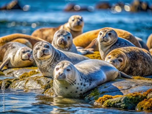 Adorable harbor seals rest on a rocky coastline, their soft fur glistening in the sunlight as they lazily photo