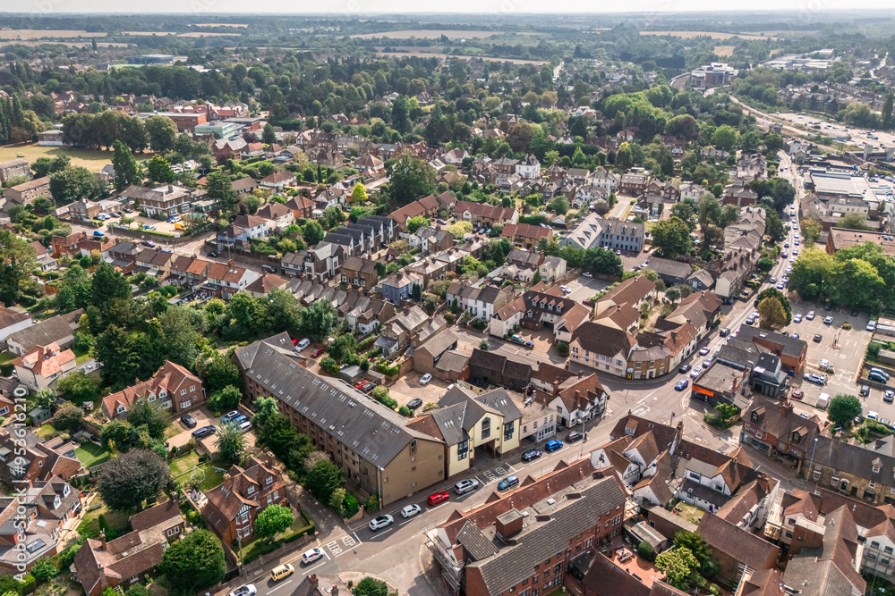 Fototapeta premium Aerial drone shot over the town of Bishops Stortford in England