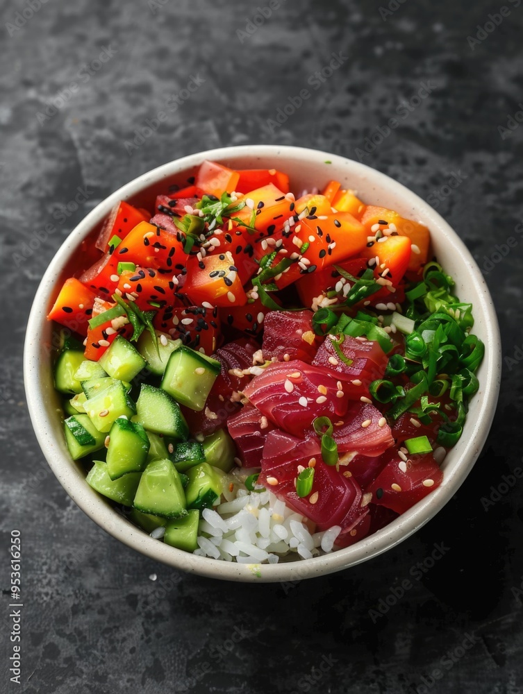 A bowl of food with a variety of vegetables and rice. The bowl is white and has a mix of colors including red, yellow, and green. The bowl is placed on a dark surface, giving it a moody A bowl of food with a variety of vegetables and rice. The bowl is white and has a mix of colors including red, yellow, and green. The bowl is placed on a dark surface, giving it a moody