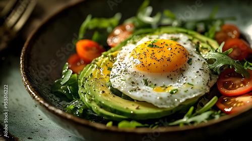 A bowl with avocado, fried ...