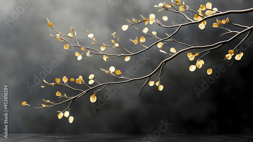 A branch with gold leaves o...
