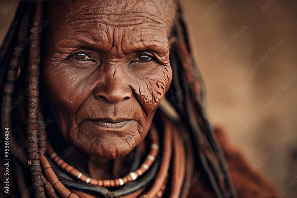 Close-up Portrait of an Elderly Himba Woman with Ochre-Covered Face and Intense Gaze in Traditional Jewelry Close-up Portrait of an Elderly Himba Woman with Ochre-Covered Face and Intense Gaze in Traditional Jewelry