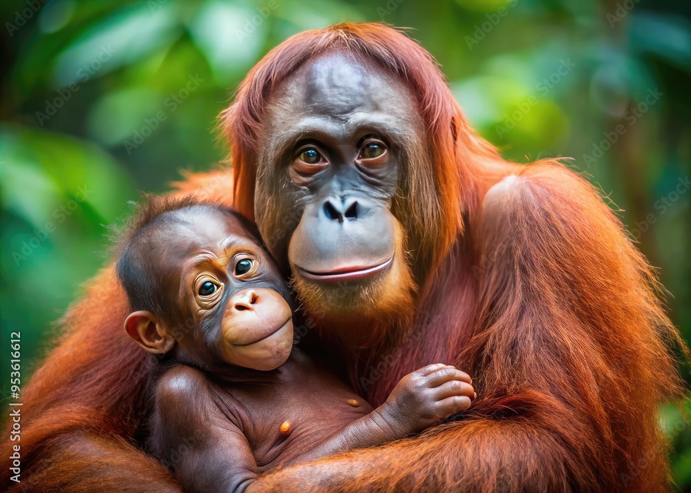 Adorable orangutan cradles its precious infant in a tender embrace, showcasing a heartwarming display of maternal love and affection in the lush jungle habitat. Adorable orangutan cradles its precious infant in a tender embrace, showcasing a heartwarming display of maternal love and affection in the lush jungle habitat.