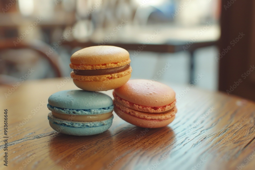 Three macarons are stacked on top of each other on a wooden table. The macarons are different colors, with one being blue, one being yellow, and one being red. Concept of indulgence and luxury Three macarons are stacked on top of each other on a wooden table. The macarons are different colors, with one being blue, one being yellow, and one being red. Concept of indulgence and luxury