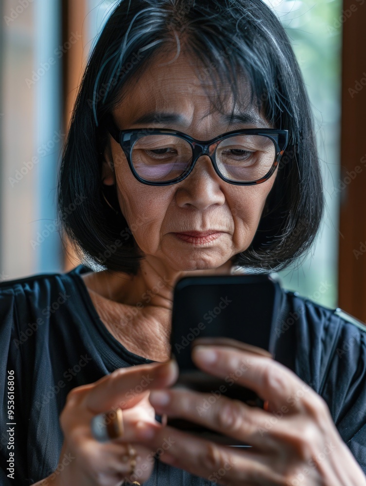 A woman is looking at her cell phone. She is wearing glasses and has a serious expression on her face A woman is looking at her cell phone. She is wearing glasses and has a serious expression on her face