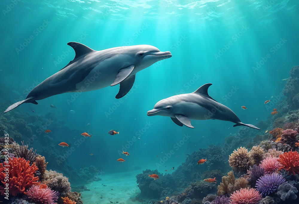 Two dolphins swimming near a vibrant coral reef under clear turquoise water, surrounded by colorful fish and corals. Two dolphins swimming near a vibrant coral reef under clear turquoise water, surrounded by colorful fish and corals.