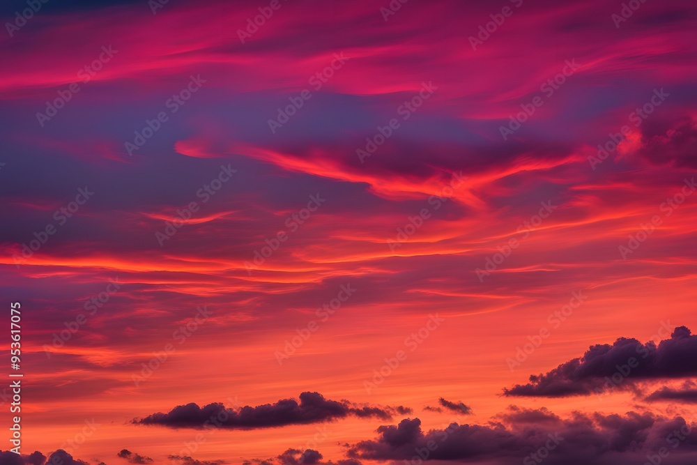 Vibrant sunset with fiery orange and pink hues gradually fading into the night sky, AI Generated Vibrant sunset with fiery orange and pink hues gradually fading into the night sky, AI Generated