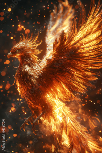 phoenix engulfed in mystical fire, spreading its wings wide as it rises into the sky, surrounded by glowing embers and sparks