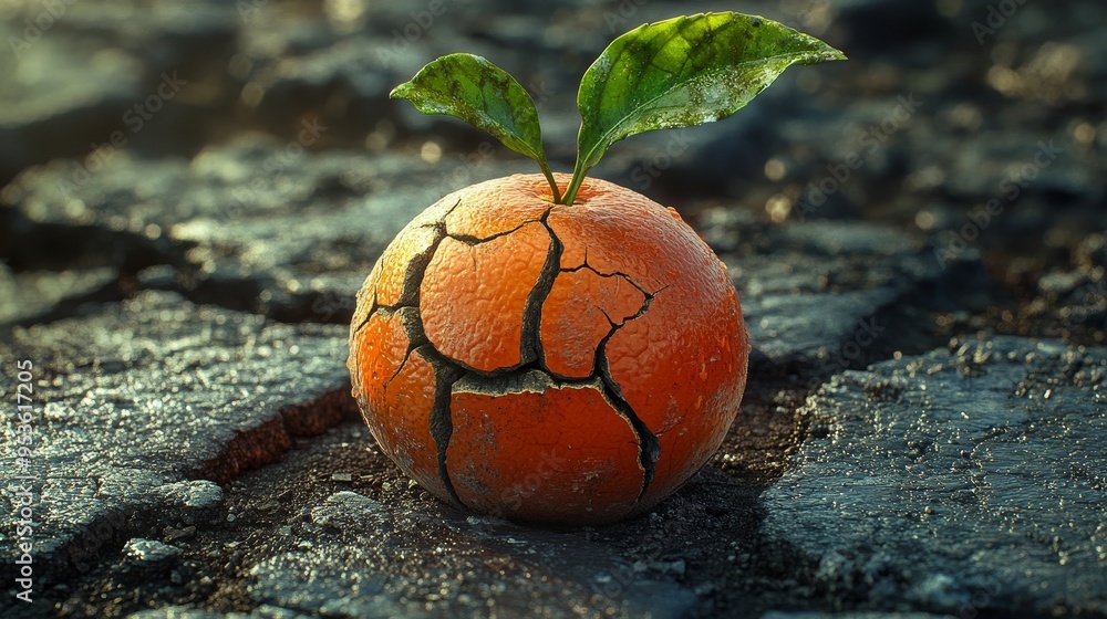 A broken orange with a leaf on top A broken orange with a leaf on top