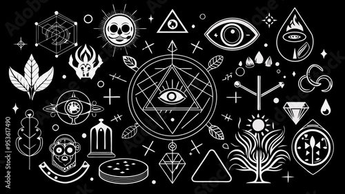 Dotwork tattoo of mystical black and white occult symbols with all-seeing eye and sacred geometry