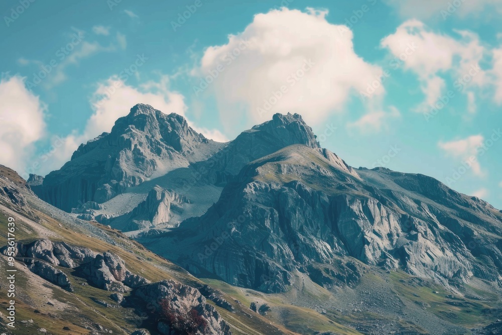 The mountains are covered in snow and rocks, and the sky is clear and blue. The scene is peaceful and serene, with the mountains towering over the landscape