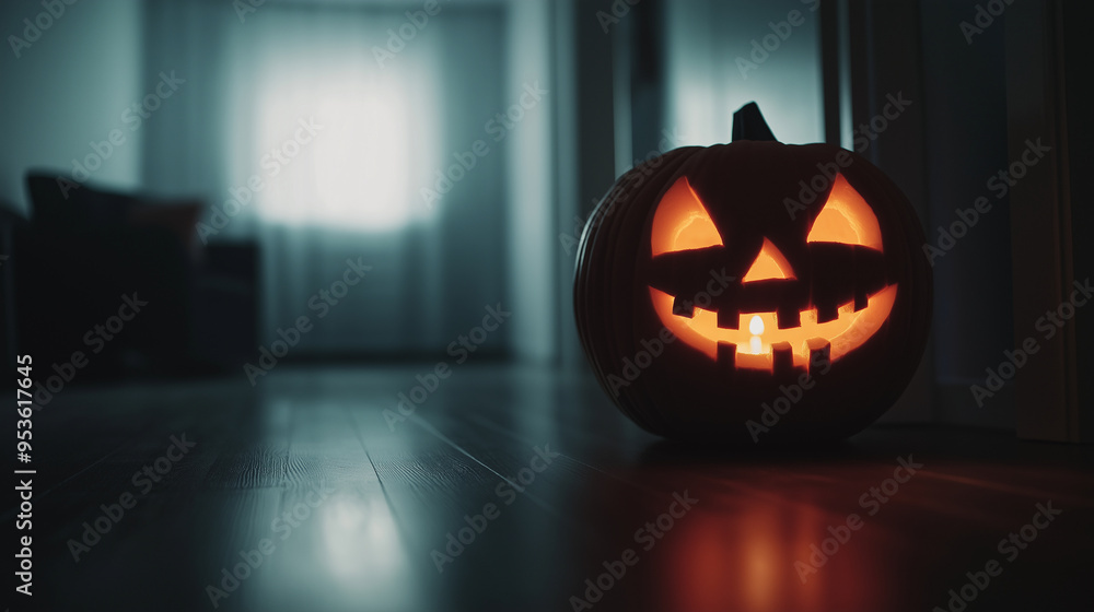 A close-up of a carved pumpkin with a candle inside, casting eerie shadows on the wall. A close-up of a carved pumpkin with a candle inside, casting eerie shadows on the wall.