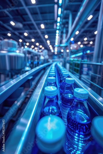 Bottles of water are being produced in a factory. The bottles are blue and white. The bottles are lined up on a conveyor belt