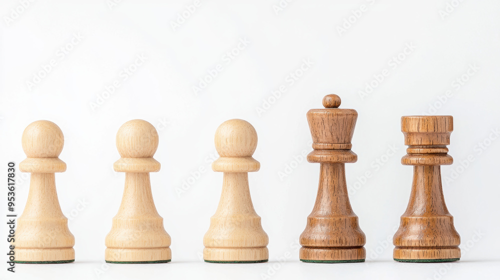 A wooden chess set with a white king and four pawns A wooden chess set with a white king and four pawns