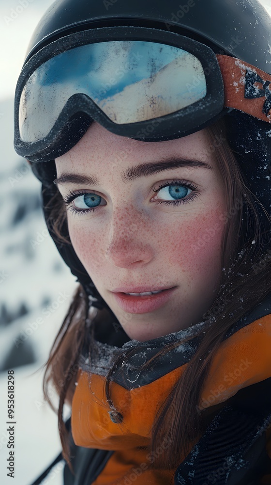 A close-up of the face of an attractive young woman wearing ski gear, looking at the camera with wide eyes and smiling, set against the backdrop of a snow-covered mountain A close-up of the face of an attractive young woman wearing ski gear, looking at the camera with wide eyes and smiling, set against the backdrop of a snow-covered mountain