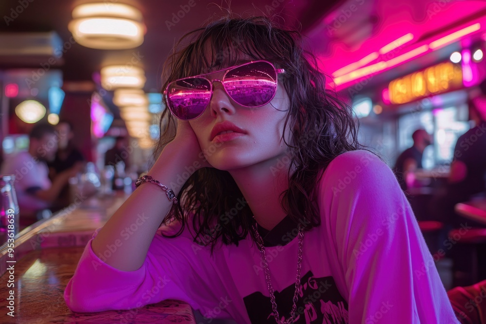 Woman with Pink Sunglasses in a Bar with Neon Lights Woman with Pink Sunglasses in a Bar with Neon Lights