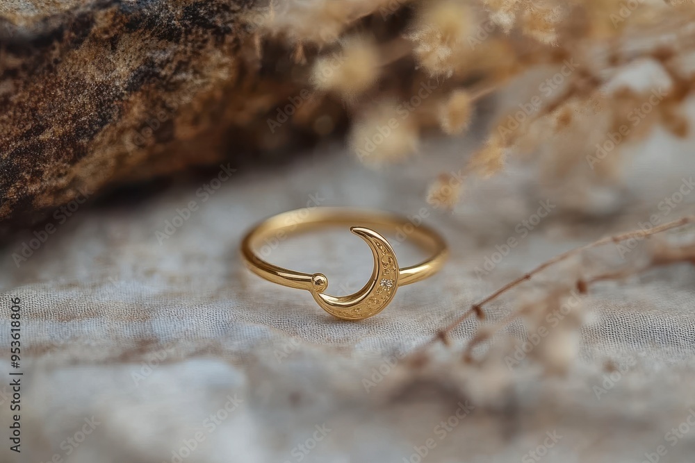A delicate gold ring featuring a crescent moon design, resting on a textured surface. A delicate gold ring featuring a crescent moon design, resting on a textured surface.