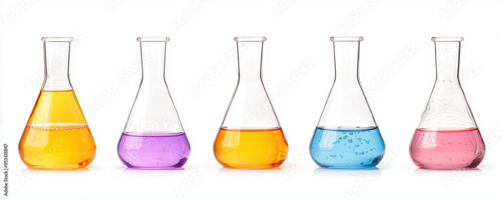 Five beakers of different colors filled with liquids Five beakers of different colors filled with liquids