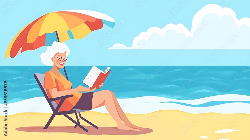 Serene Senior Woman Reading at Beach: Cartoon Vector Illustration in Minimalist Style Serene Senior Woman Reading at Beach: Cartoon Vector Illustration in Minimalist Style