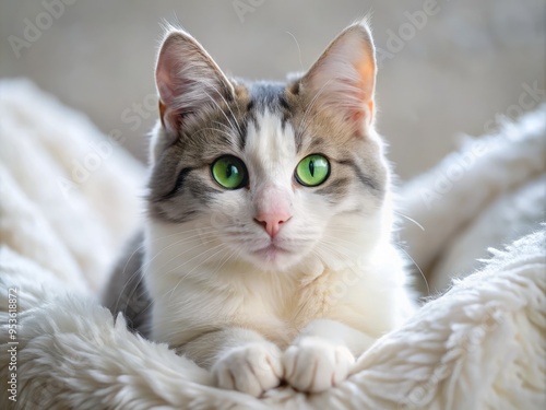 Adorable white and grey cat with bright green eyes and fluffy fur curled up on a soft blanket, photo