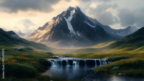 A cascading waterfall flows...