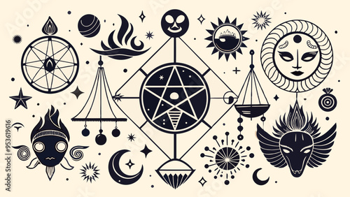 Dotwork tattoo of mystical black and white occult symbols and celestial icons