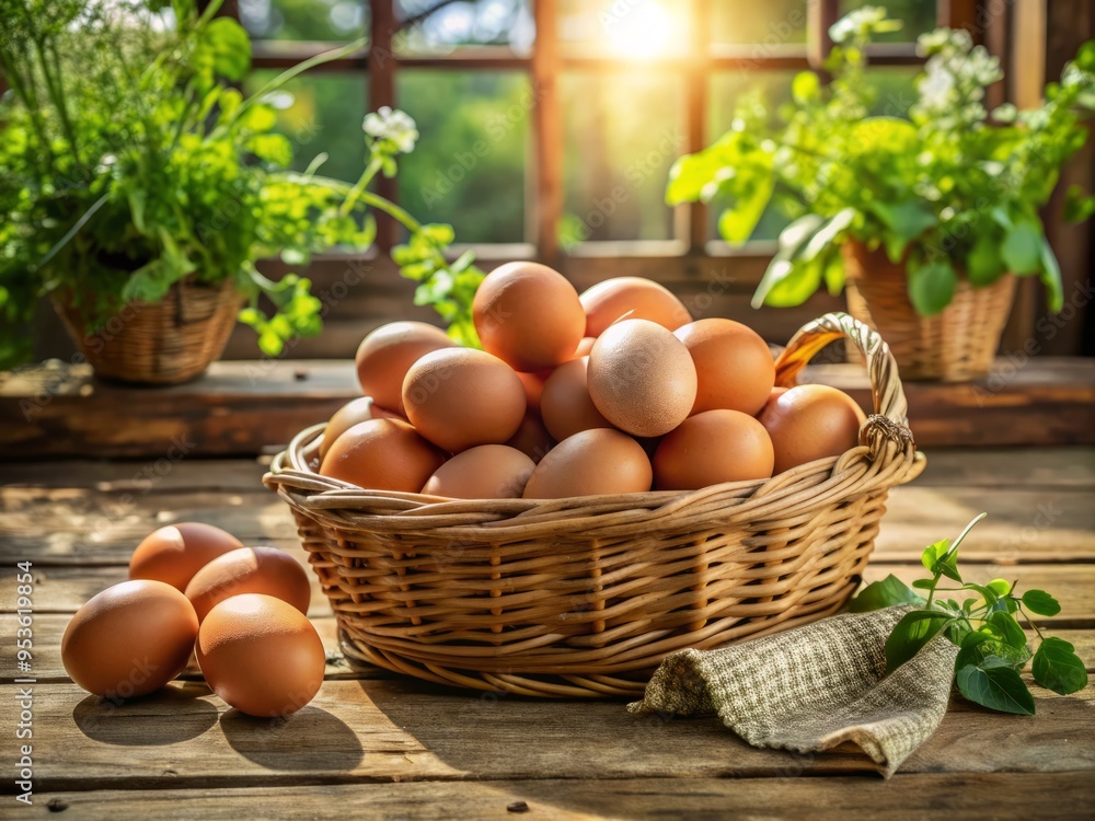 A dozen freshly laid brown eggs rest in a rustic wicker basket, surrounded by lush greenery and soft A dozen freshly laid brown eggs rest in a rustic wicker basket, surrounded by lush greenery and soft
