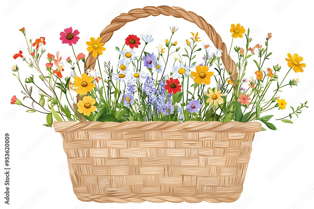 Bouquet of Wildflowers in Woven Picnic Basket - Flat Vector Design on White Background Bouquet of Wildflowers in Woven Picnic Basket - Flat Vector Design on White Background