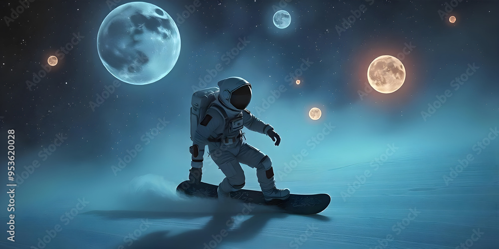 Astronaut in a worn spacesuit snowboarding through a snowy wasteland beneath a starry sky with glowing orbs above. Astronaut in a worn spacesuit snowboarding through a snowy wasteland beneath a starry sky with glowing orbs above.