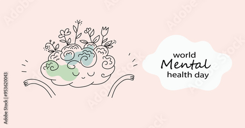 Vector world mental health day poster doodle hand drawn  illustration. Mental Health care concept. Poster, Banner, Flyer, Template. Mental health day awareness. Mental illness is a health problem