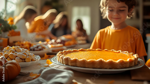 A child holds a pumpkin pie...