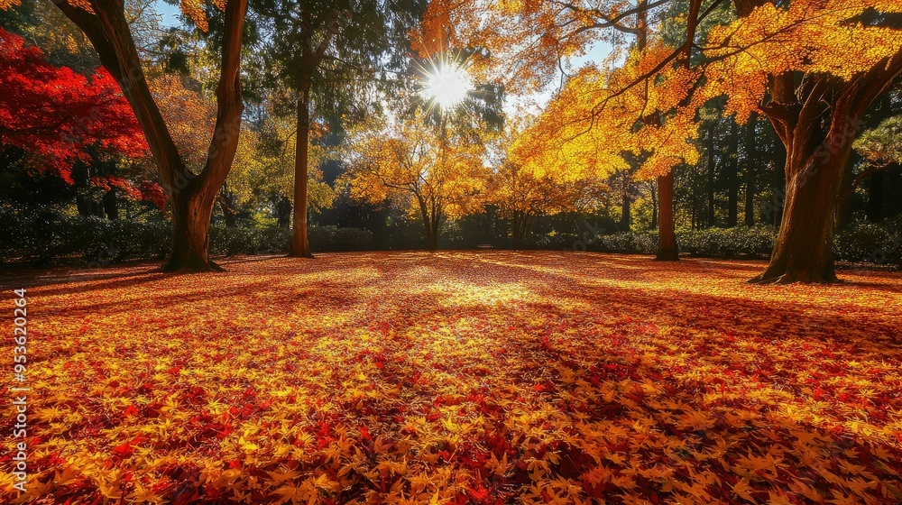 Fototapeta premium Beautiful yellow red and orange leaves in an autumn park 