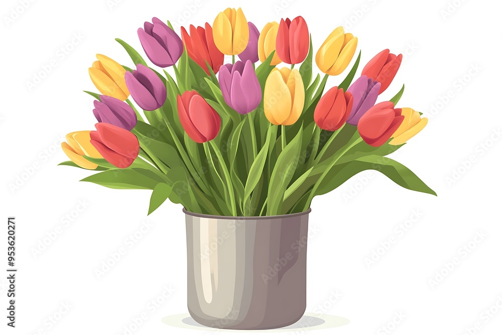 Vibrant Tulips in Metal Vase - Simple Flat Vector Design on White Background Vibrant Tulips in Metal Vase - Simple Flat Vector Design on White Background