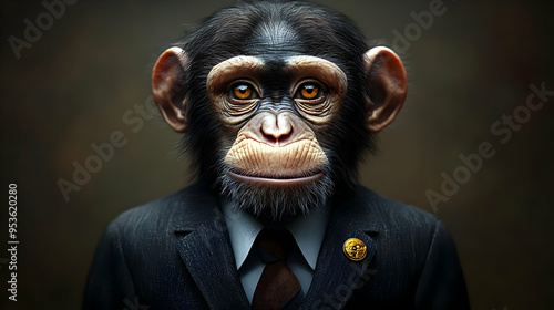 A chimpanzee in a suit looks directly at the camera with a serious expression. photo