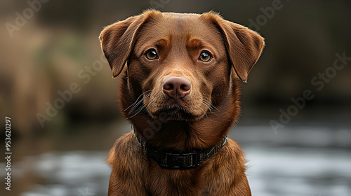 A chocolate brown Labrador Retriever dog looks directly at the camera with a serious expression.