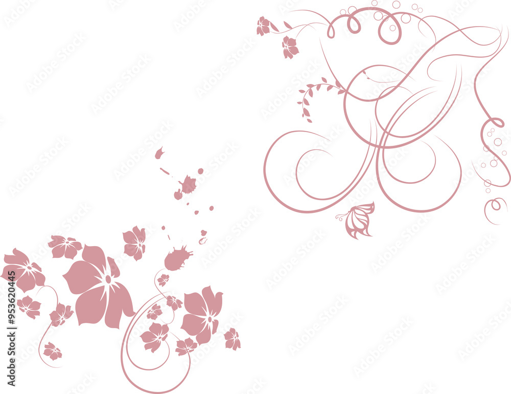Floral vector design with pink flowers and swirling leaves, perfect for Valentine's Day card or spring decoration Floral vector design with pink flowers and swirling leaves, perfect for Valentine's Day card or spring decoration