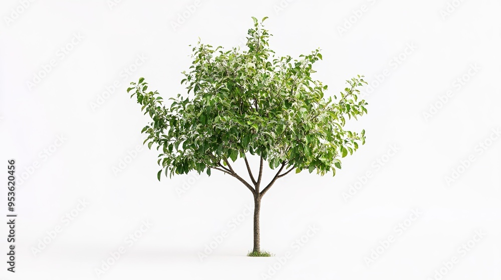 Delicate Apple Tree in Full Foliage: A Close-up View on a Pure White Background. Delicate Apple Tree in Full Foliage: A Close-up View on a Pure White Background.
