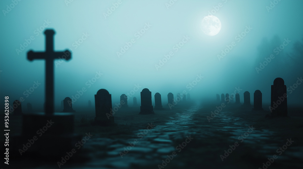 A row of tombstones in a misty graveyard, with a full moon shining in the sky. Copy space on the left. A row of tombstones in a misty graveyard, with a full moon shining in the sky. Copy space on the left.