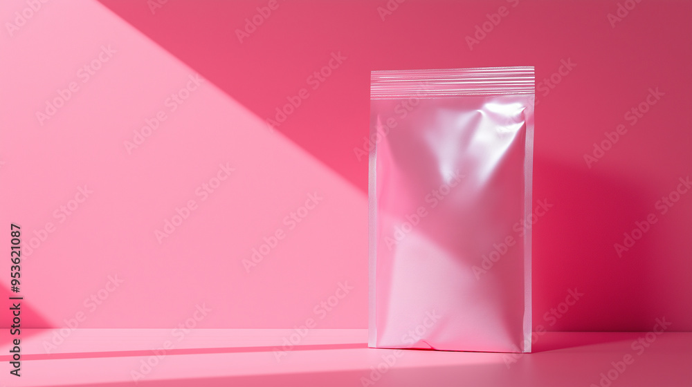 A sleek, translucent food zip bag with a matte finish stands upright on a soft pink pastel background, casting a delicate shadow. A sleek, translucent food zip bag with a matte finish stands upright on a soft pink pastel background, casting a delicate shadow.